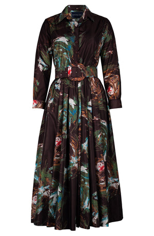 Sabrina Dress Shirt Collar Long Sleeve Midi Plus Length Poliamide Taffta (Crayon Flower)