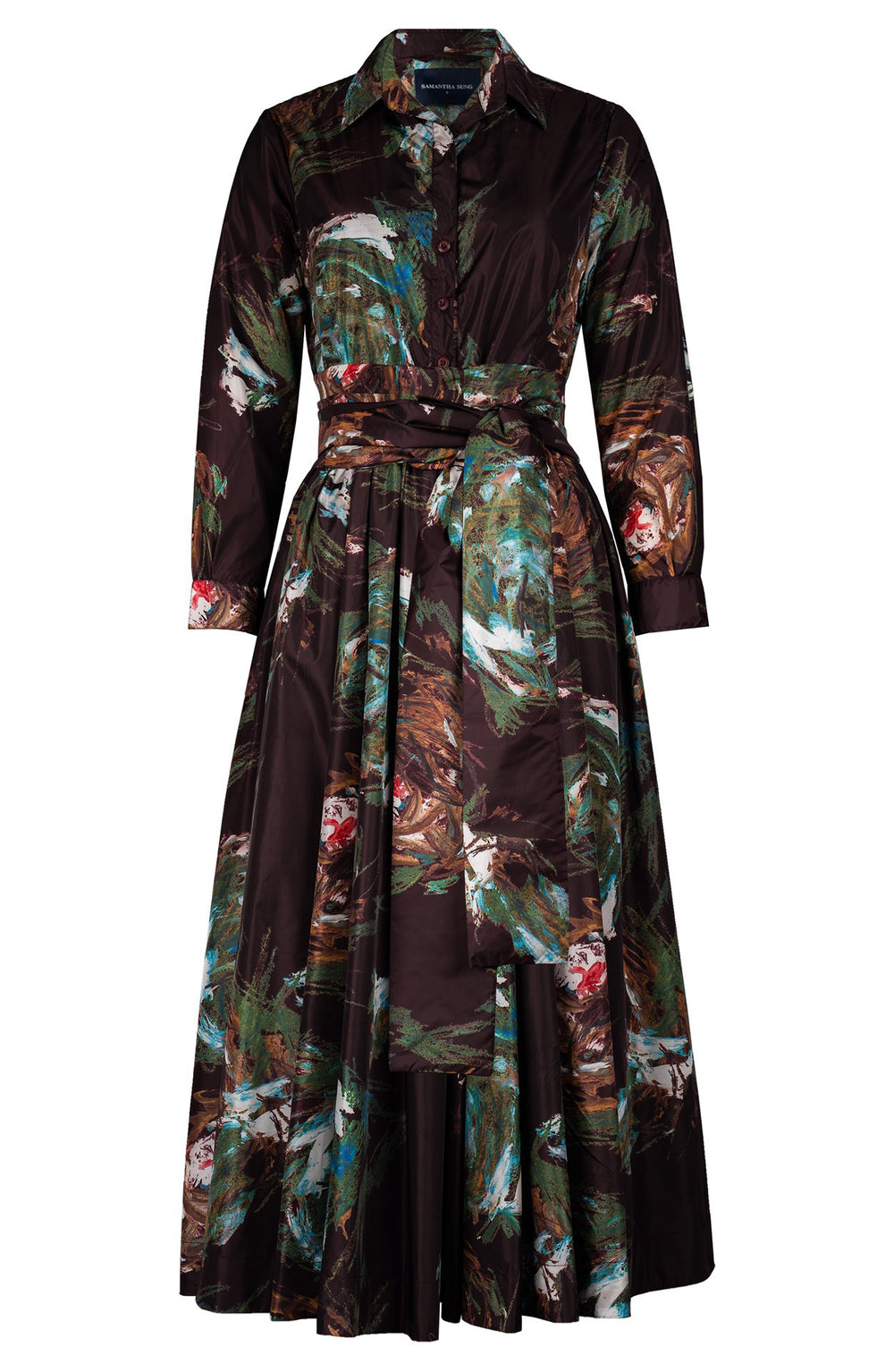 Sabrina Dress Shirt Collar Long Sleeve Midi Plus Length Poliamide Taffta (Crayon Flower)