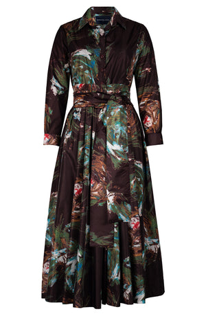 Sabrina Dress Shirt Collar Long Sleeve Midi Plus Length Poliamide Taffta (Crayon Flower)