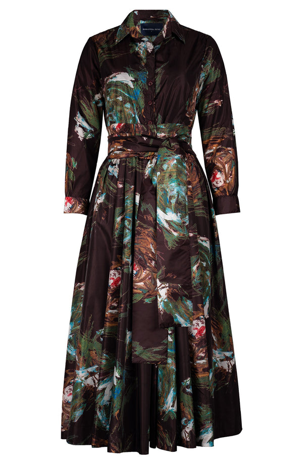 Sabrina Dress Shirt Collar Long Sleeve Midi Plus Length Poliamide Taffta (Crayon Flower)