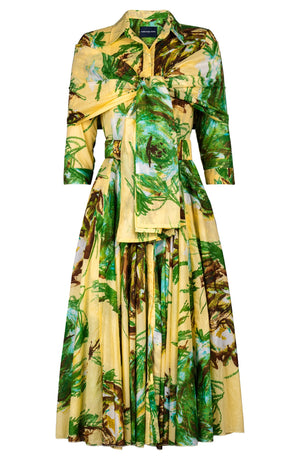 Aster Dress Shirt Collar 3/4 Sleeve Midi Length Cotton Musola (Crayon Flower)