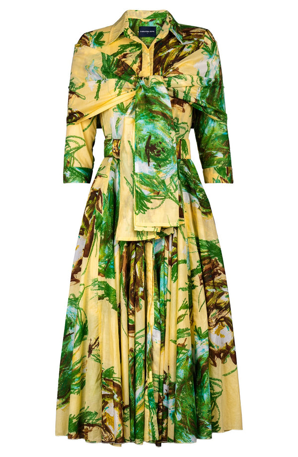 Aster Dress Shirt Collar 3/4 Sleeve Midi Length Cotton Musola (Crayon Flower)