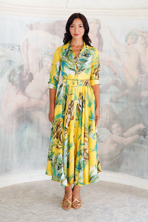 Aster Dress Shirt Collar 3/4 Sleeve Maxi Plus Length Silk Twill (Crayon Flower) - Soft Yellow