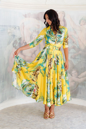 Aster Dress Shirt Collar 3/4 Sleeve Maxi Plus Length Silk Twill (Crayon Flower) - Soft Yellow
