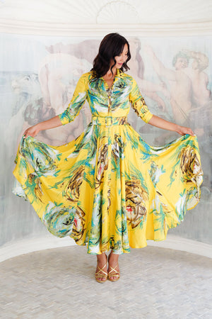 Aster Dress Shirt Collar 3/4 Sleeve Maxi Plus Length Silk Twill (Crayon Flower) - Soft Yellow