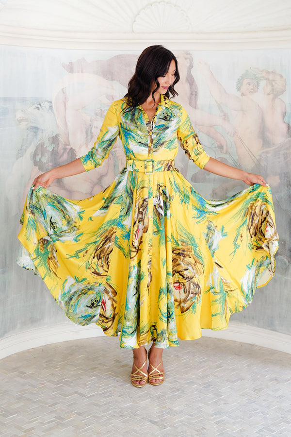 Aster Dress Shirt Collar 3/4 Sleeve Maxi Plus Length Silk Twill (Crayon Flower) - Soft Yellow