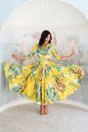 Aster Dress Shirt Collar 3/4 Sleeve Maxi Plus Length Silk Twill (Crayon Flower) - Soft Yellow