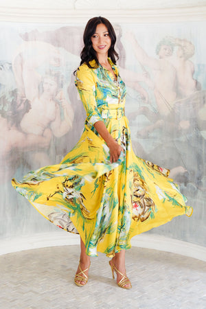 Aster Dress Shirt Collar 3/4 Sleeve Maxi Plus Length Silk Twill (Crayon Flower) - Soft Yellow