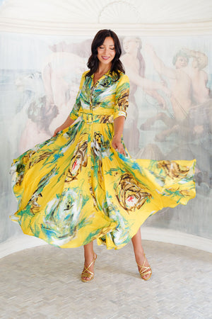 Aster Dress Shirt Collar 3/4 Sleeve Maxi Plus Length Silk Twill (Crayon Flower) - Soft Yellow