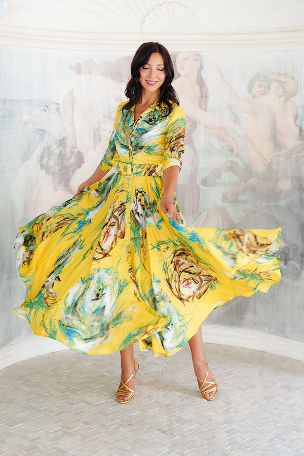 Aster Dress Shirt Collar 3/4 Sleeve Maxi Plus Length Silk Twill (Crayon Flower) - Soft Yellow