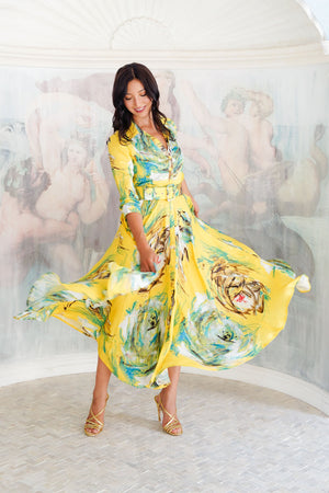 Aster Dress Shirt Collar 3/4 Sleeve Maxi Plus Length Silk Twill (Crayon Flower) - Soft Yellow