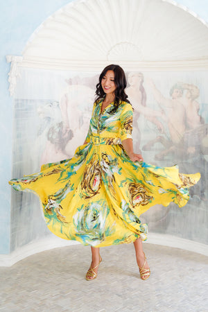 Aster Dress Shirt Collar 3/4 Sleeve Maxi Plus Length Silk Twill (Crayon Flower) - Soft Yellow
