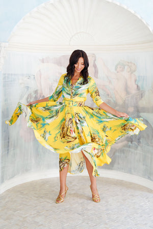 Aster Dress Shirt Collar 3/4 Sleeve Maxi Plus Length Silk Twill (Crayon Flower) - Soft Yellow