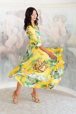 Aster Dress Shirt Collar 3/4 Sleeve Maxi Plus Length Silk Twill (Crayon Flower) - Soft Yellow