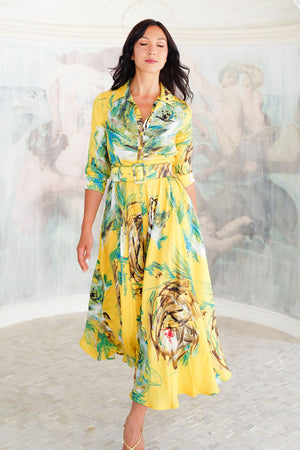 Aster Dress Shirt Collar 3/4 Sleeve Maxi Plus Length Silk Twill (Crayon Flower) - Soft Yellow