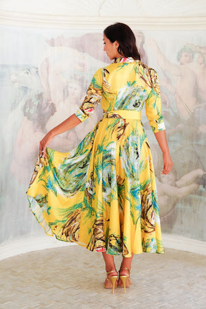 Aster Dress Shirt Collar 3/4 Sleeve Maxi Plus Length Silk Twill (Crayon Flower) - Soft Yellow
