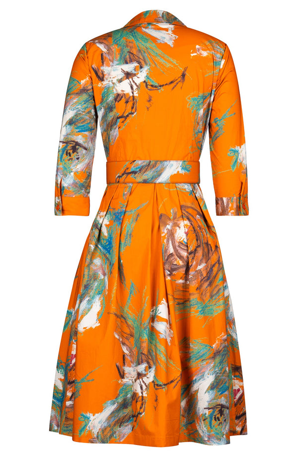 Audrey Dress #1 Shirt Collar 3/4 Sleeve Long Length Cotton Stretch (Crayon Flower)