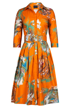 Audrey Dress #1 Shirt Collar 3/4 Sleeve Long Length Cotton Stretch (Crayon Flower)