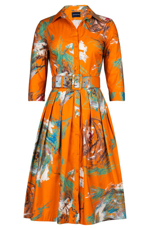 Audrey Dress #1 Shirt Collar 3/4 Sleeve Long Length Cotton Stretch (Crayon Flower)