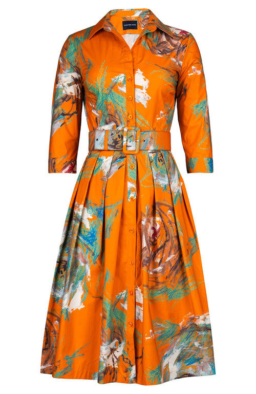 Audrey Dress #1 Shirt Collar 3/4 Sleeve Long Length Cotton Stretch (Crayon Flower)