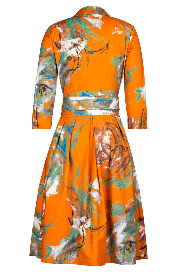 Audrey Dress #1 Shirt Collar 3/4 Sleeve Long Length Cotton Stretch (Crayon Flower)