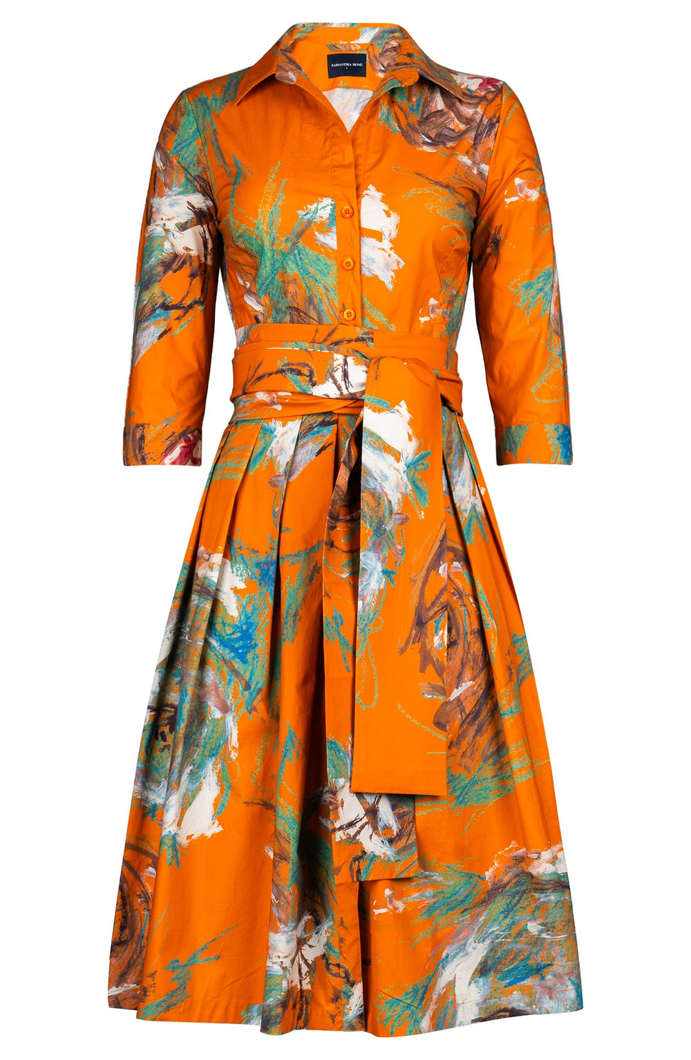 Audrey Dress #1 Shirt Collar 3/4 Sleeve Long Length Cotton Stretch (Crayon Flower)