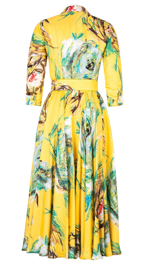 Aster Dress Shirt Collar 3/4 Sleeve Maxi Plus Length Silk Twill (Crayon Flower) - Soft Yellow