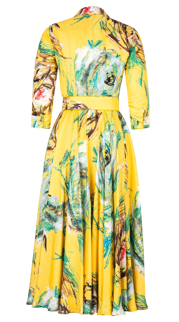 Aster Dress Shirt Collar 3/4 Sleeve Maxi Plus Length Silk Twill (Crayon Flower) - Soft Yellow
