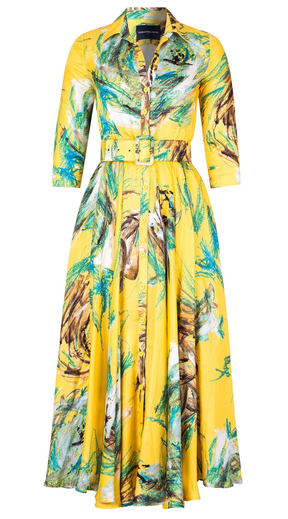 Aster Dress Shirt Collar 3/4 Sleeve Maxi Plus Length Silk Twill (Crayon Flower) - Soft Yellow