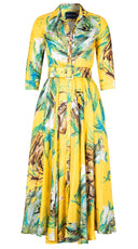 Aster Dress Shirt Collar 3/4 Sleeve Maxi Plus Length Silk Twill (Crayon Flower) - Soft Yellow