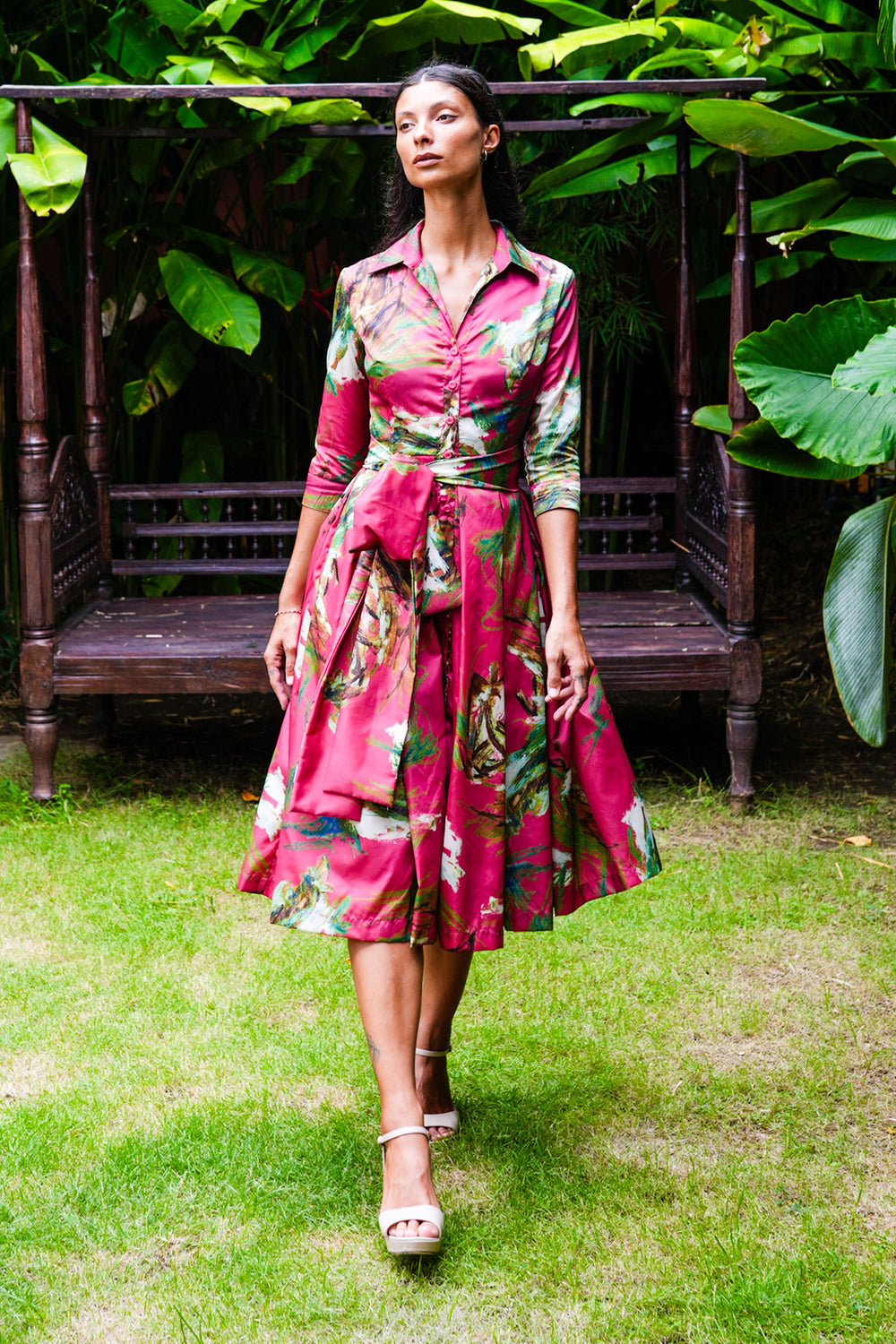 Audrey Dress #7 Shirt Collar 3/4 Sleeve Midi Length Poliamide Taffta (Crayon Flower)