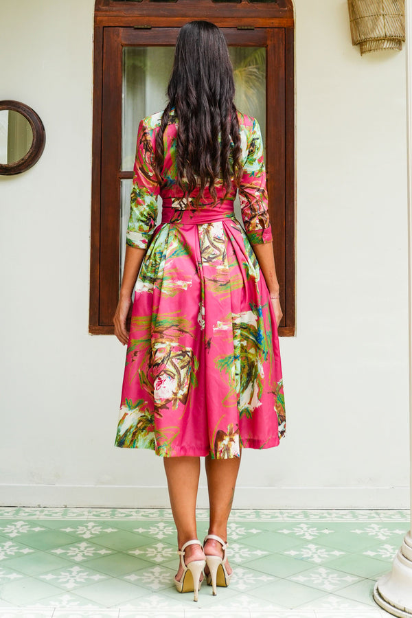 Audrey Dress #7 Shirt Collar 3/4 Sleeve Midi Length Poliamide Taffta (Crayon Flower)