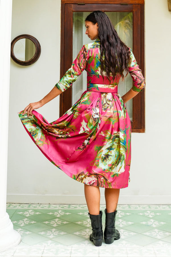 Audrey Dress #7 Shirt Collar 3/4 Sleeve Midi Length Poliamide Taffta (Crayon Flower)