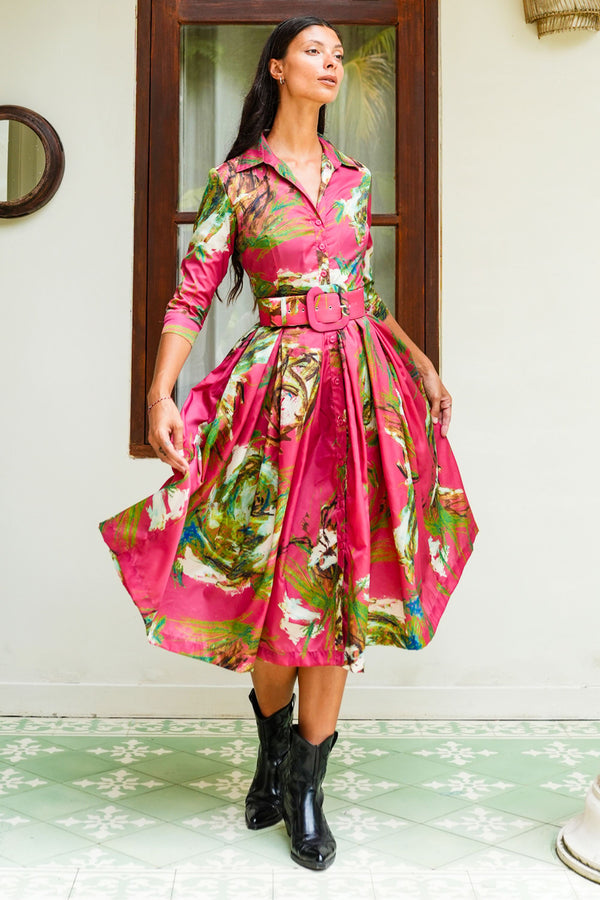 Audrey Dress #7 Shirt Collar 3/4 Sleeve Midi Length Poliamide Taffta (Crayon Flower)