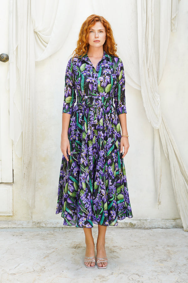 Aster Dress Shirt Collar 3/4 Sleeve Midi Plus Length Ramie (Crocus Hyacinth Bright)