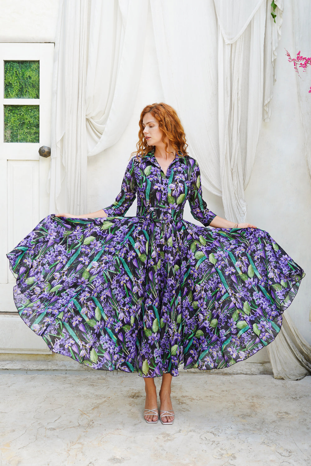 Aster Dress Shirt Collar 3/4 Sleeve Midi Plus Length Cotton Musola (Crocus Hyacinth Bright)