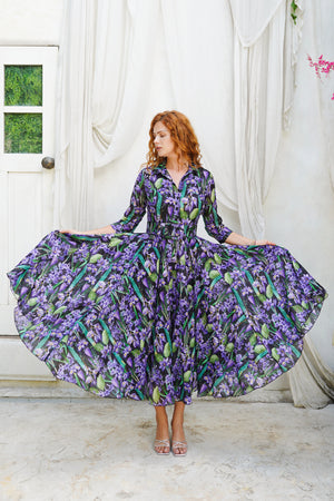 Aster Dress Shirt Collar 3/4 Sleeve Midi Plus Length Ramie (Crocus Hyacinth Bright)