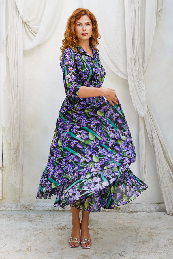 Aster Dress Shirt Collar 3/4 Sleeve Midi Plus Length Ramie (Crocus Hyacinth Bright)