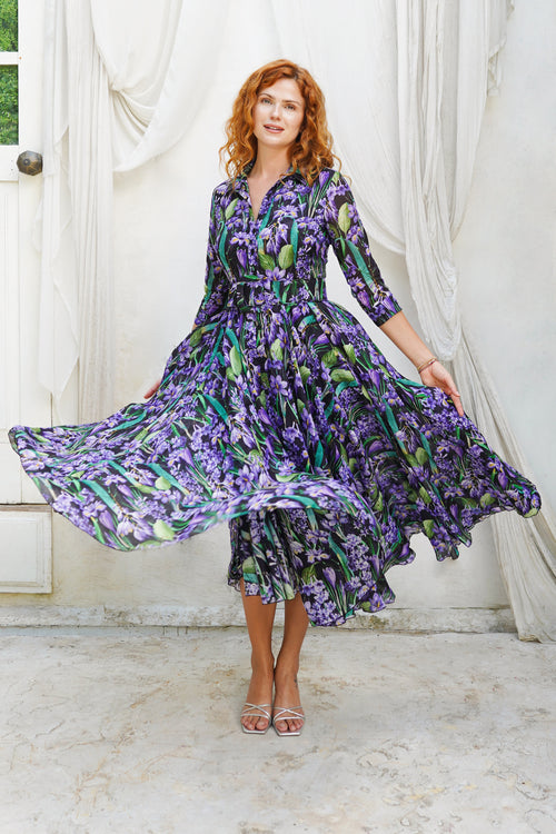 Aster Dress Shirt Collar 3/4 Sleeve Midi Plus Length Ramie (Crocus Hyacinth Bright)