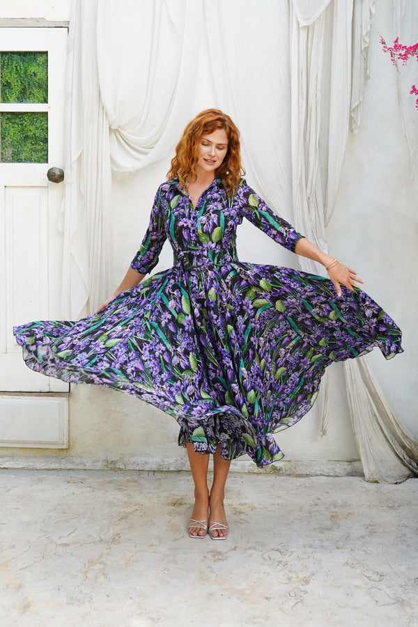 Aster Dress Shirt Collar 3/4 Sleeve Midi Plus Length Ramie (Crocus Hyacinth Bright)