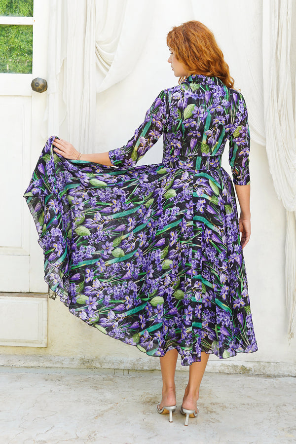 Aster Dress Shirt Collar 3/4 Sleeve Midi Plus Length Ramie (Crocus Hyacinth Bright)