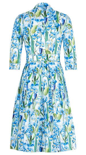 Audrey Dress #4 Shirt Collar 3/4 Sleeve Long Length Cotton Stretch (Crocus Hyacinth Pastel)