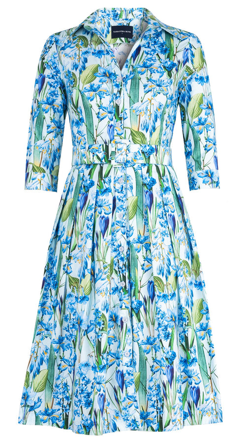 Audrey Dress #4 Shirt Collar 3/4 Sleeve Long Length Cotton Stretch (Crocus Hyacinth Pastel)