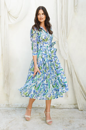 Audrey Dress #4 Shirt Collar 3/4 Sleeve Midi Length Ramie (Crocus Hyacinth White)