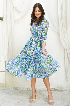 Audrey Dress #4 Shirt Collar 3/4 Sleeve Midi Length Ramie (Crocus Hyacinth White)