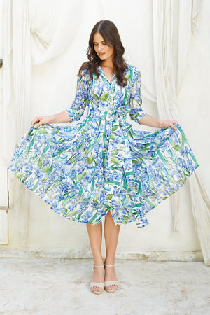 Audrey Dress #4 Shirt Collar 3/4 Sleeve Midi Length Ramie (Crocus Hyacinth White)