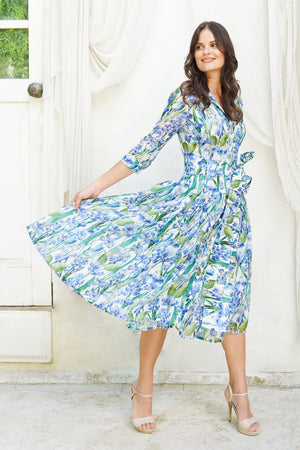 Audrey Dress #4 Shirt Collar 3/4 Sleeve Midi Length Ramie (Crocus Hyacinth White)