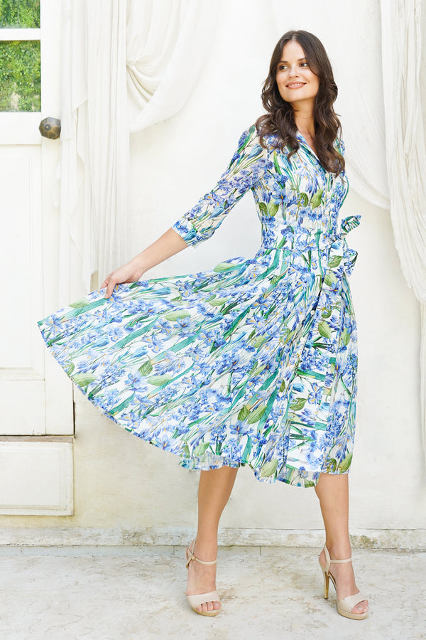 Audrey Dress #4 Shirt Collar 3/4 Sleeve Midi Length Ramie (Crocus Hyacinth White)