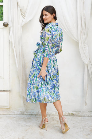 Audrey Dress #4 Shirt Collar 3/4 Sleeve Midi Length Ramie (Crocus Hyacinth White)