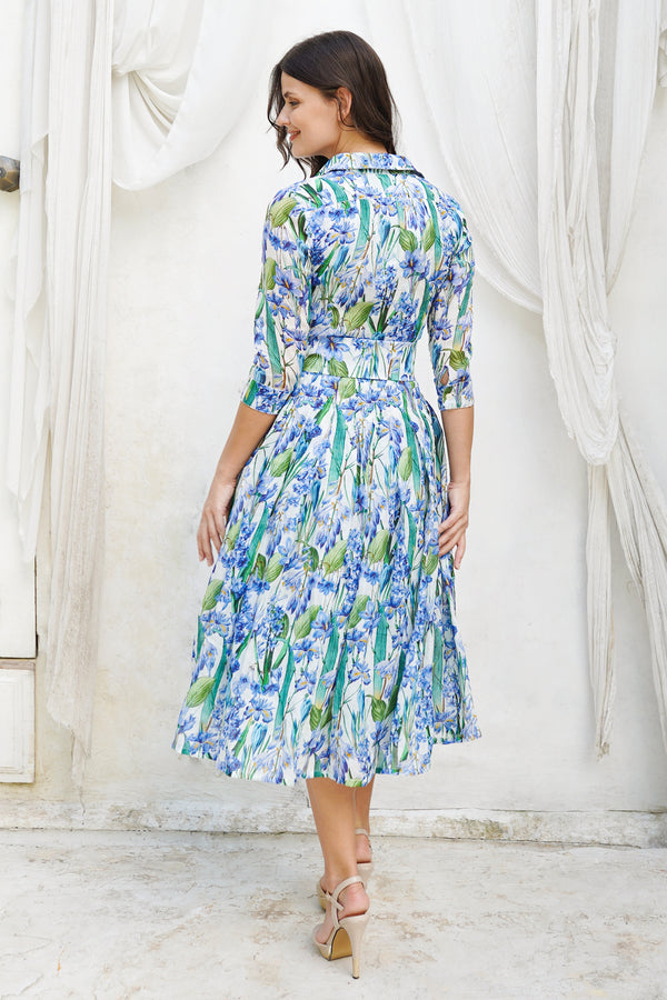Audrey Dress #4 Shirt Collar 3/4 Sleeve Midi Length Ramie (Crocus Hyacinth White)